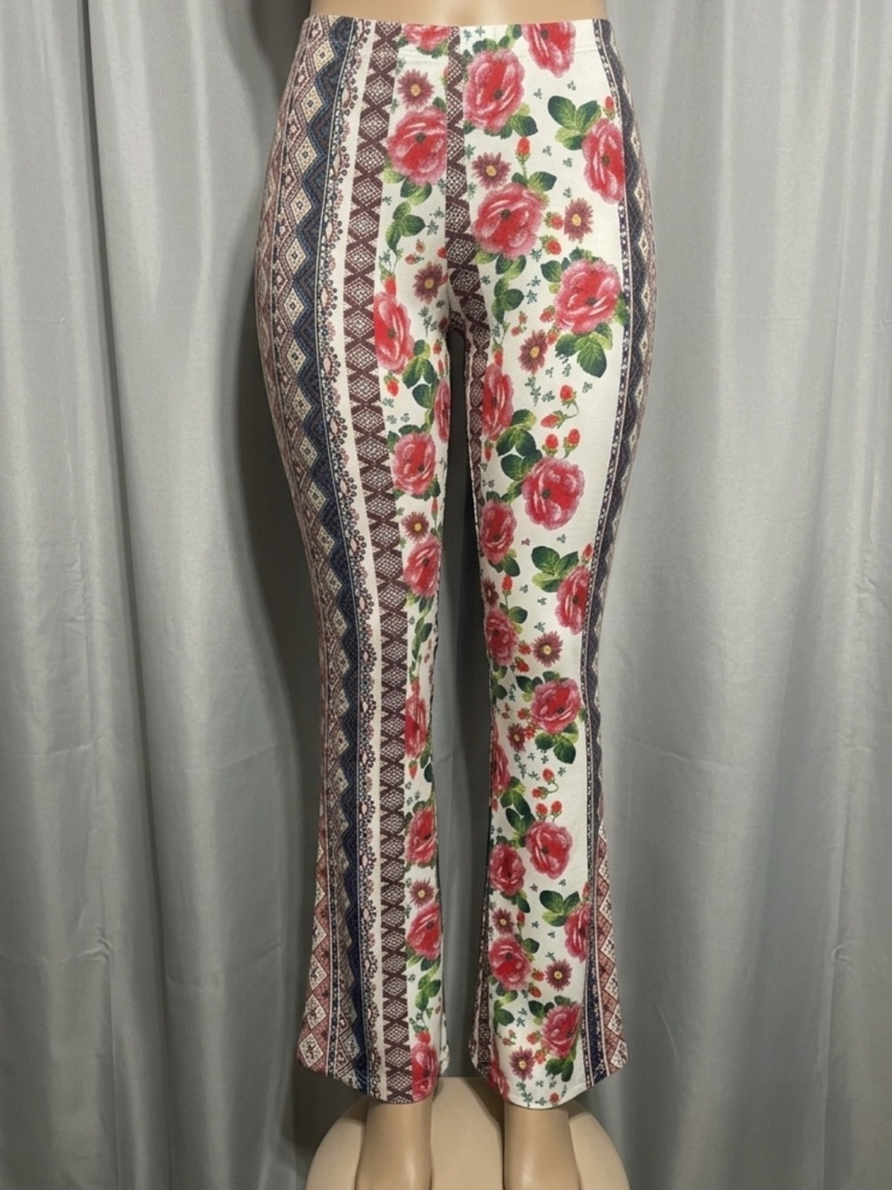 Floral Stripe High-Rise Flare Pants - White/Pink